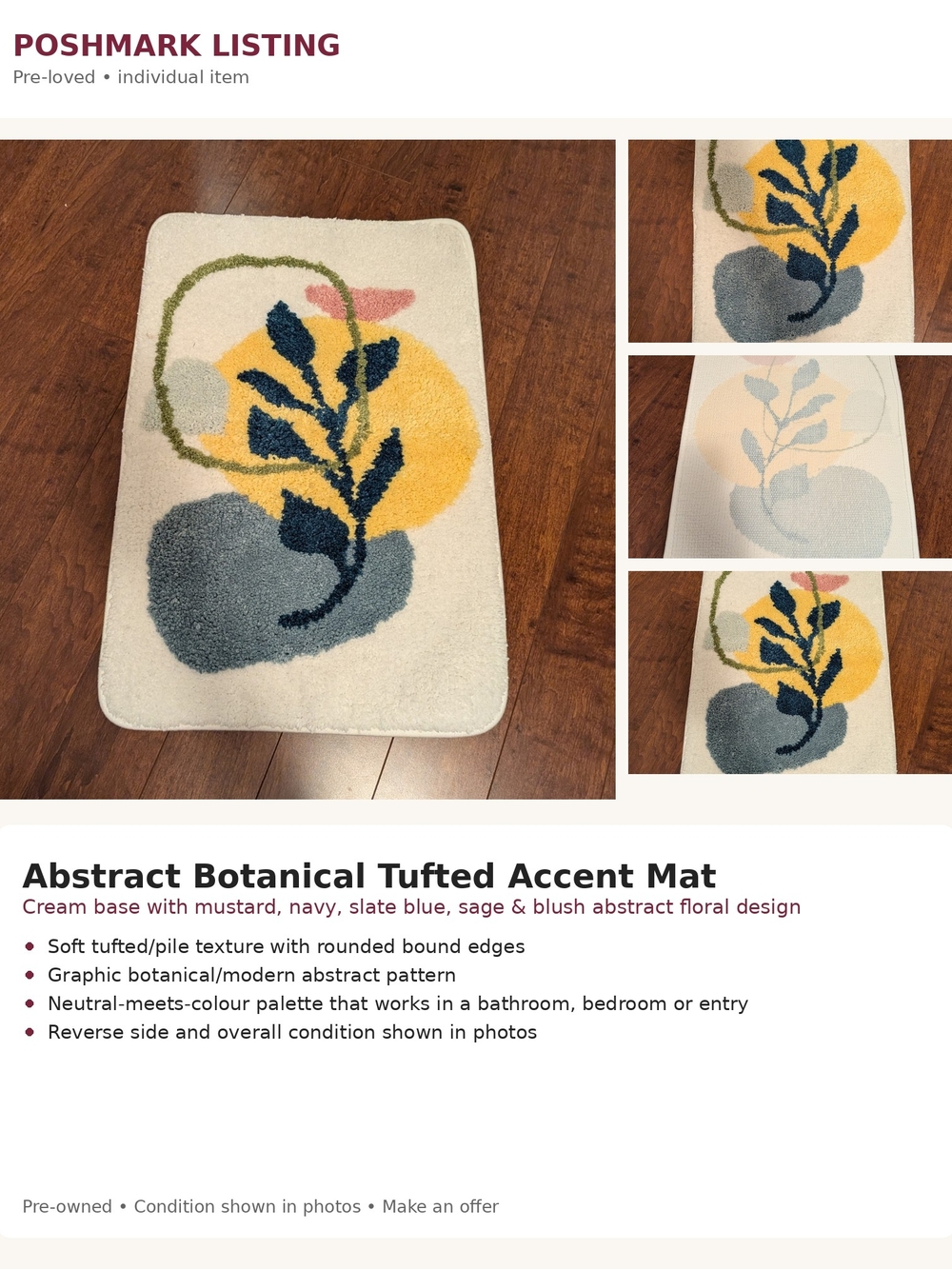 Abstract Botanical Tufted Accent Mat - Cream with Mustard & Navy